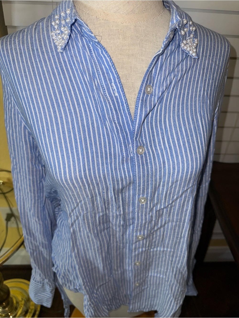 Francesca Blue Striped Pearl-Collar Men’s Shirt